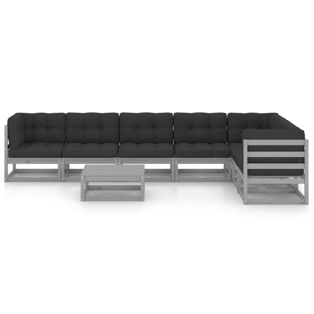 8-tlg. Garten-Lounge-Set mit Kissen Grau Kiefer Massivholz